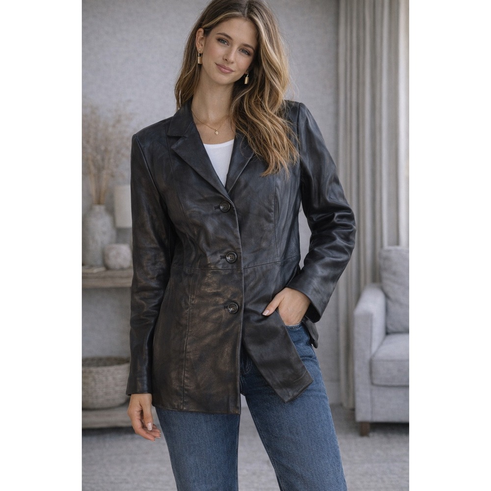 Vintage Black Leather Blazer Jacket Women Petite Medium PM Button Front Coat